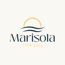 Marisola Travel logo with gold sunrise and navy wave lines on a light background