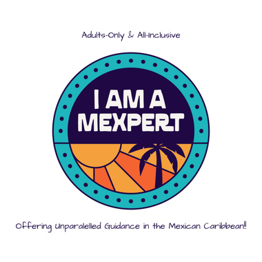 Circular colorful badge reading “I AM A MEXPERT” with desert and palm tree design, “Adler’s Only A All-inclusive” above.