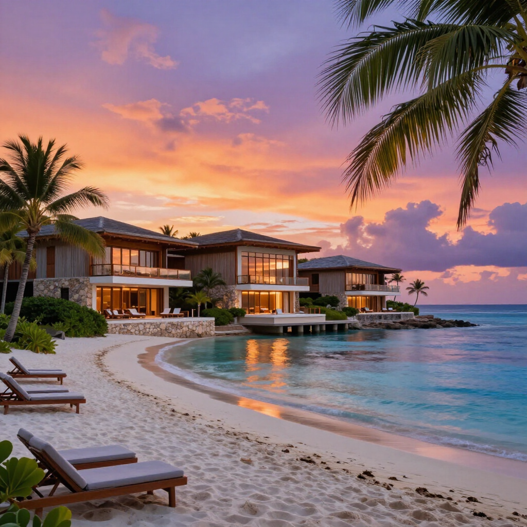 Luxury beachfront villas at sunset with palm trees, lounge chairs, and calm turquoise water