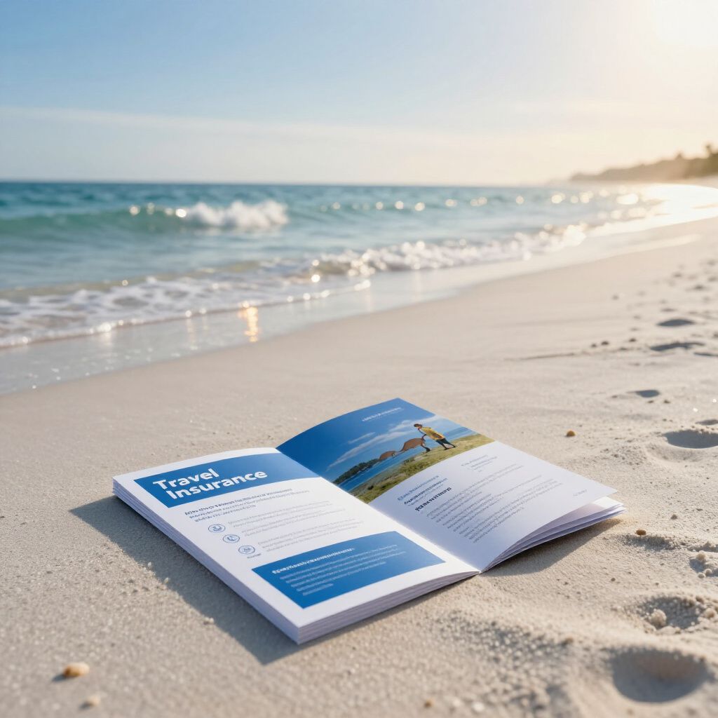 Open brochure on sandy beach by the sea at sunrise