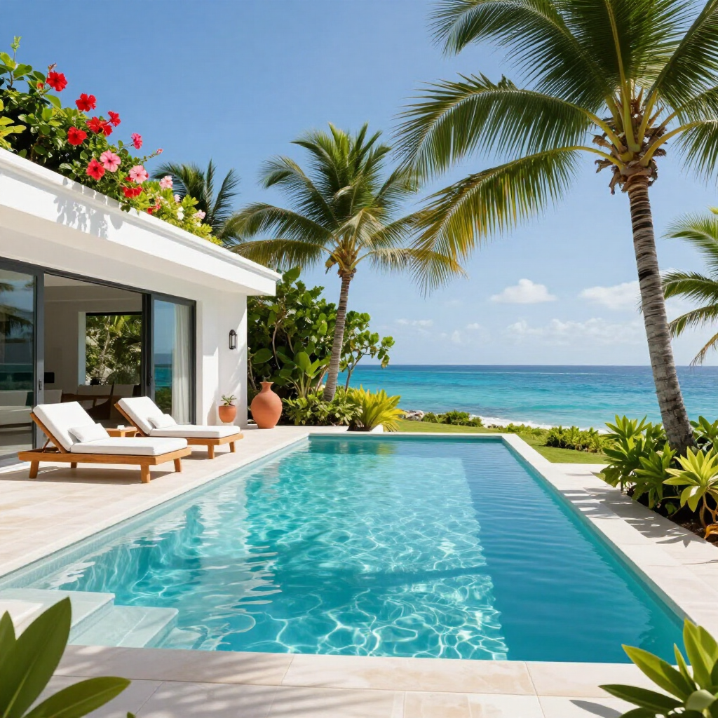 Luxury beachfront villa with turquoise pool, white lounge chairs, palm trees, and ocean view