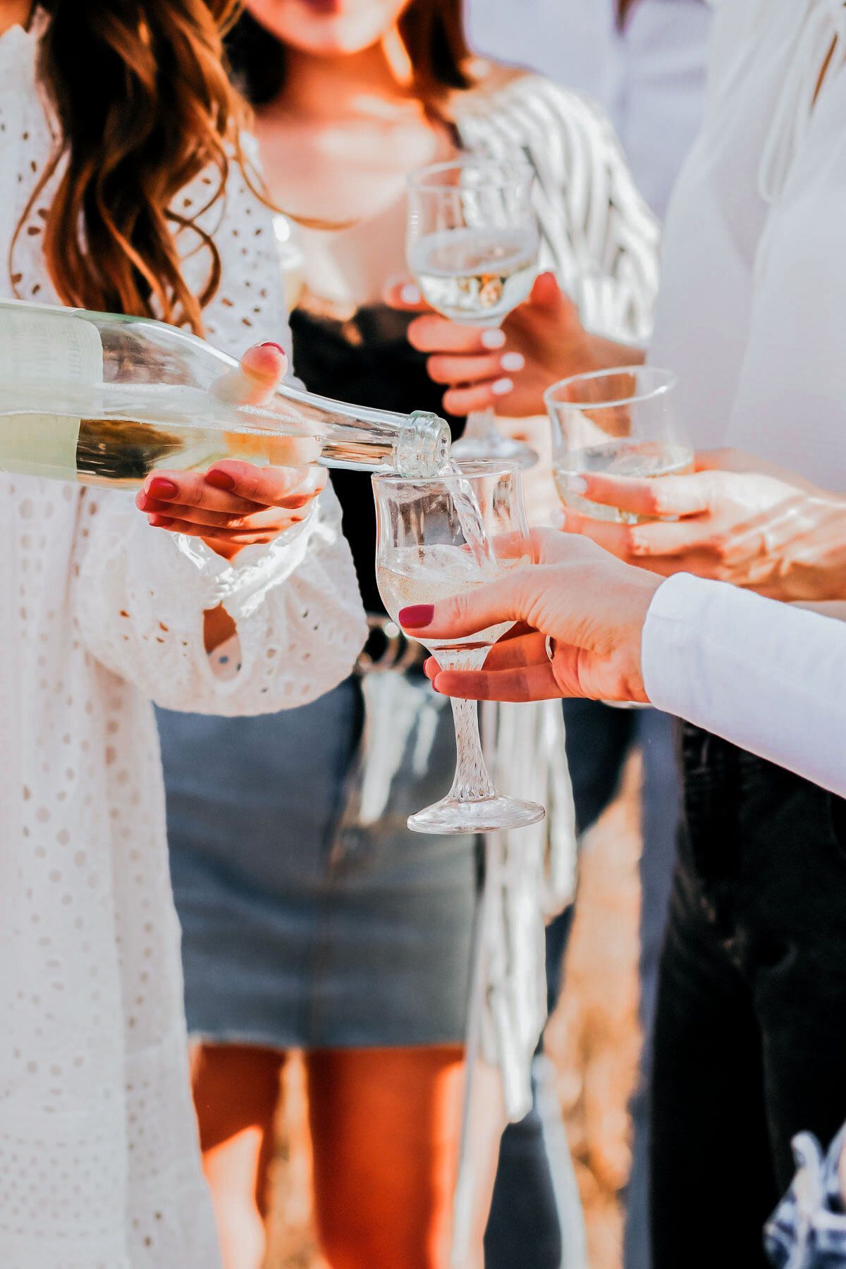 Guests clink wine glasses at a social gathering, with white and red wine being poured.