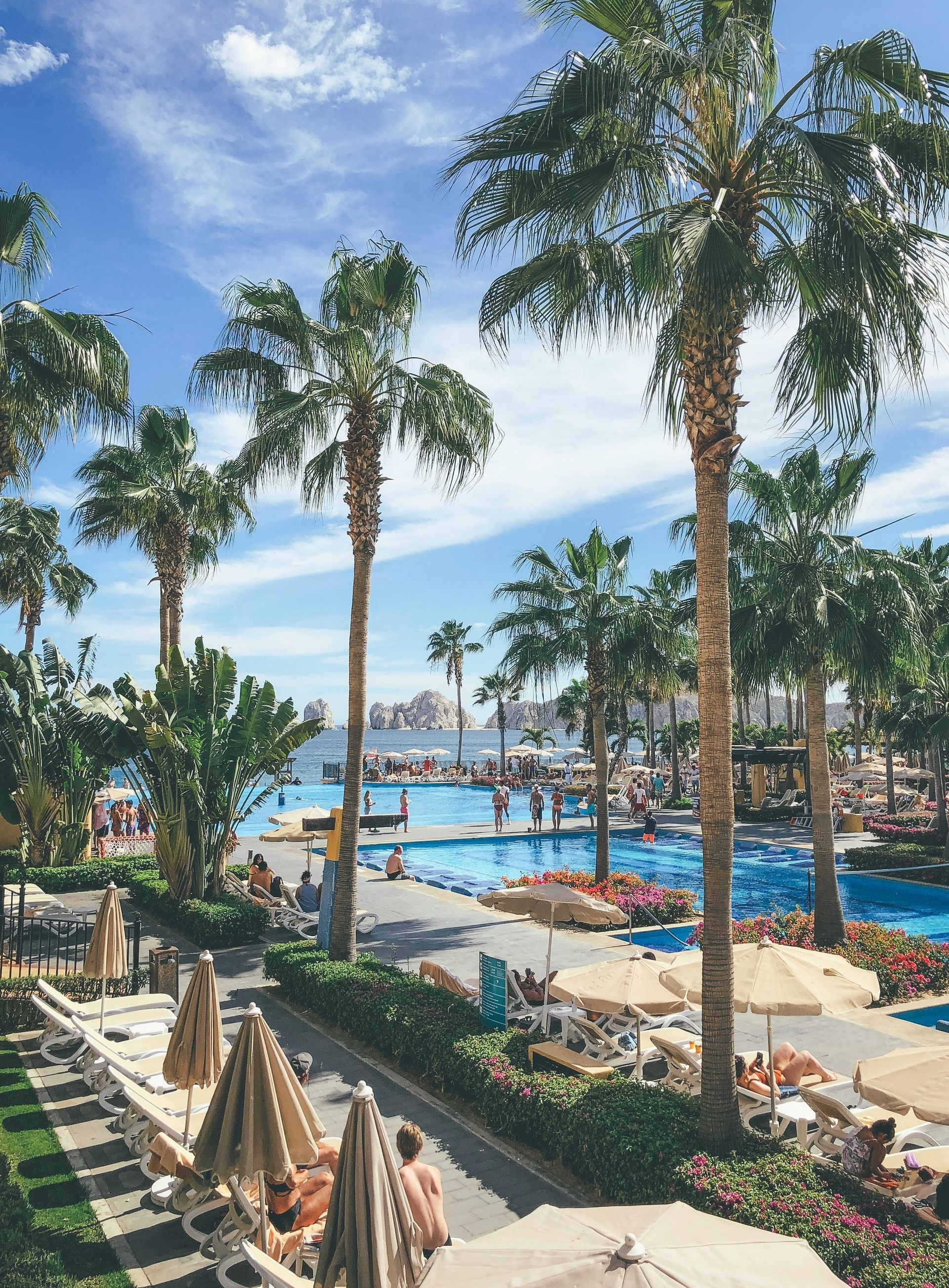 Palm-lined resort pool with blue water, sun loungers, umbrellas, and a beach view under a sunny sky