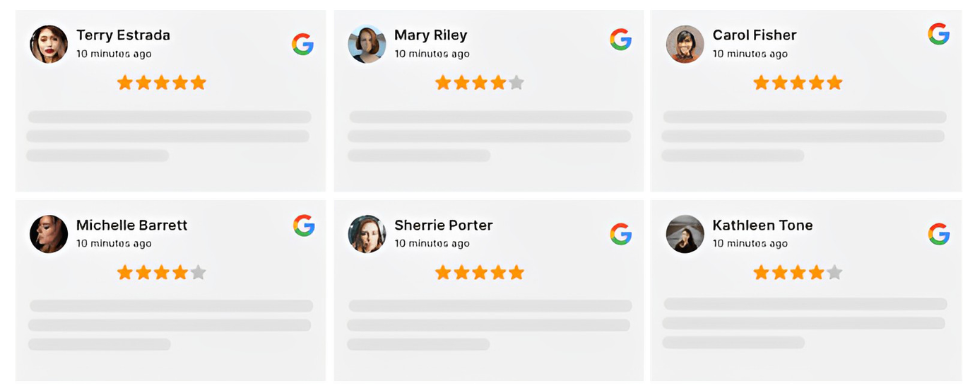 A collage of google reviews with people 's faces on them.