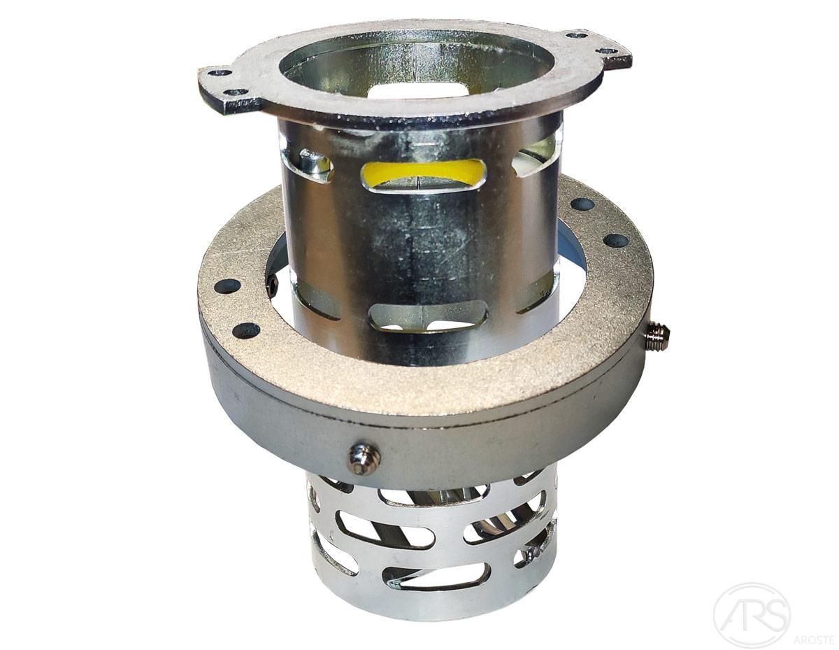 Industrial metal O ring component with circular flange and slotted housing on a white background.