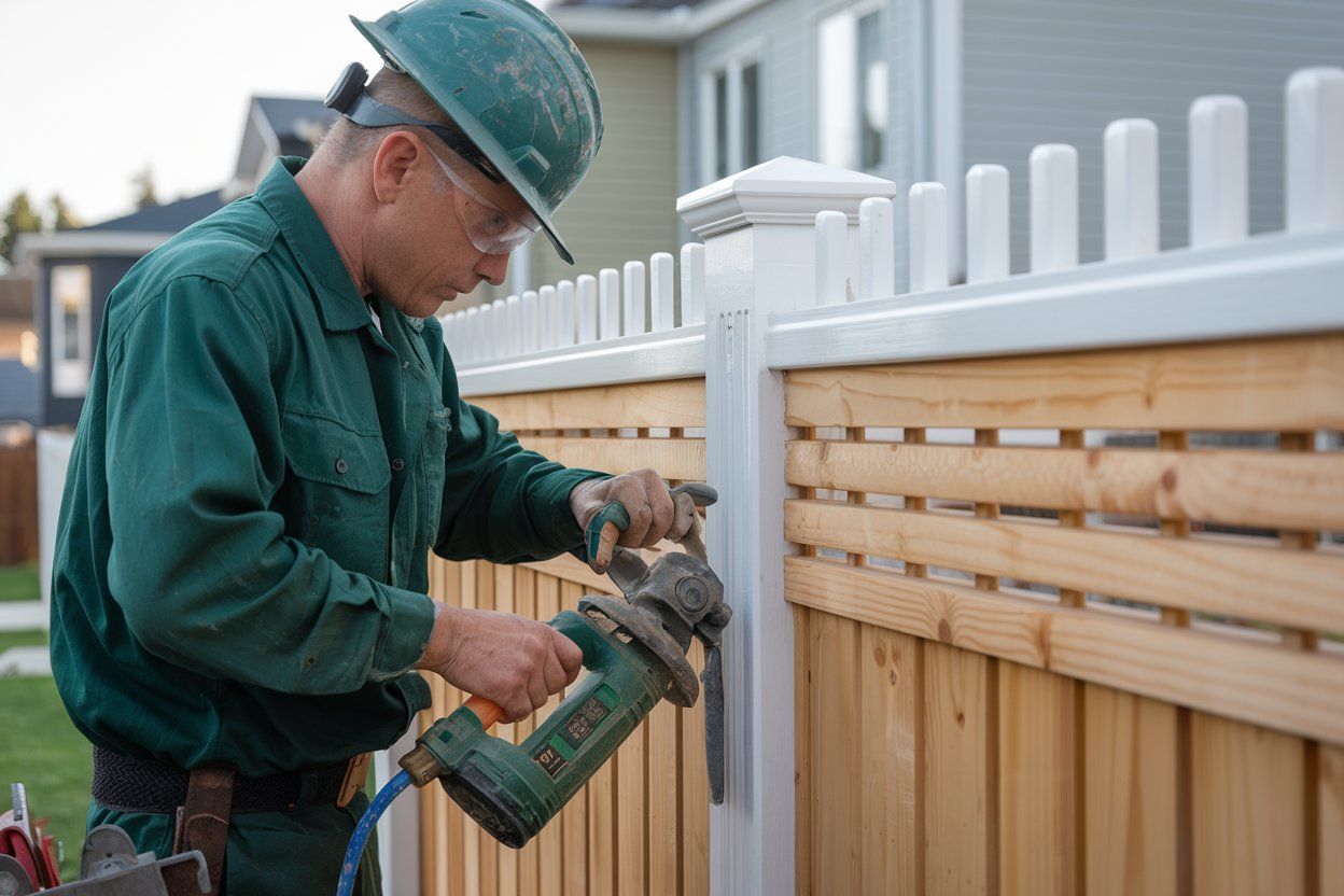 Man in green overalls and hardhat using a nail gun on a wooden fence.