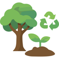 A stylized green tree and a small sprout in brown soil, accompanied by a green recycling symbol on a white background.