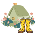 A pair of muddy yellow rubber boots in front of a small cottage surrounded by green bushes and pink flowers.
