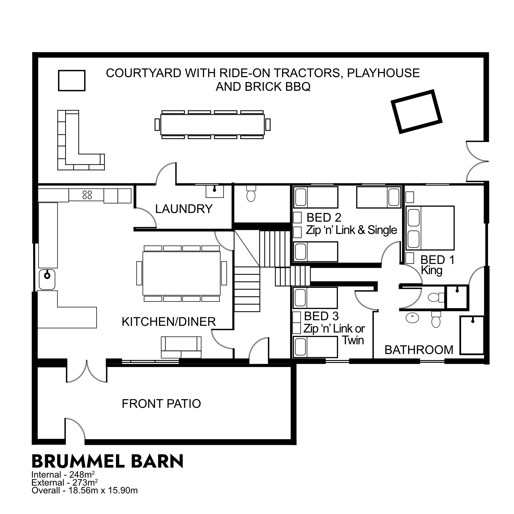 Floor plan of Brummel Barn, showing a kitchen/diner, laundry, three bedrooms, a bathroom, front patio, and rear courtyard.