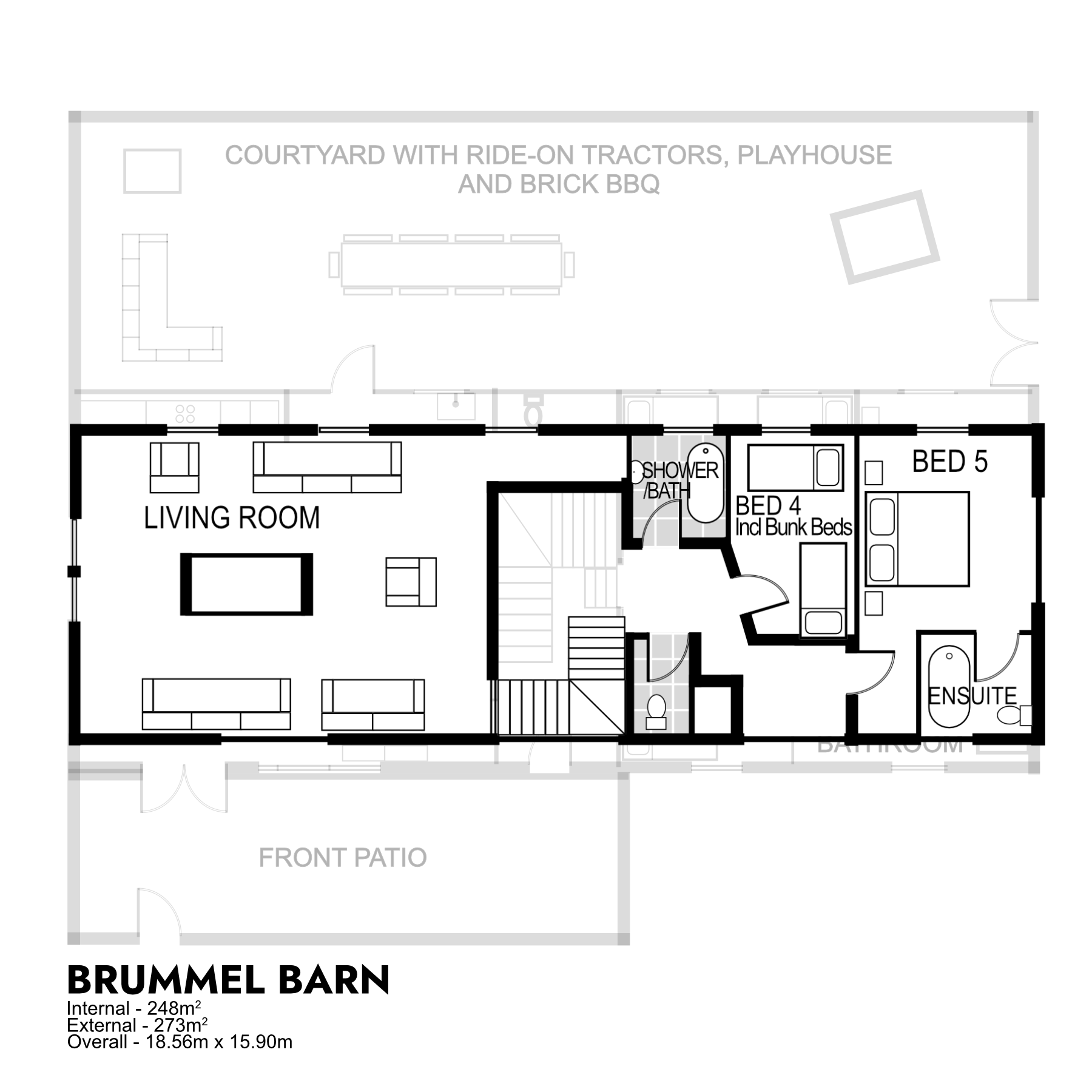 Floor plan for Brummel Barn, featuring a living room, stairs, two bedrooms, a shower room, and an ensuite, plus patio areas.