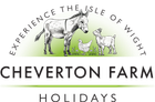 Logo for Cheverton Farm Holidays featuring an illustration of a donkey, chicken, and goat with text about Isle of Wight.