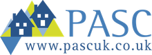 PASC logo featuring blue house icons over lime green triangles next to the text 