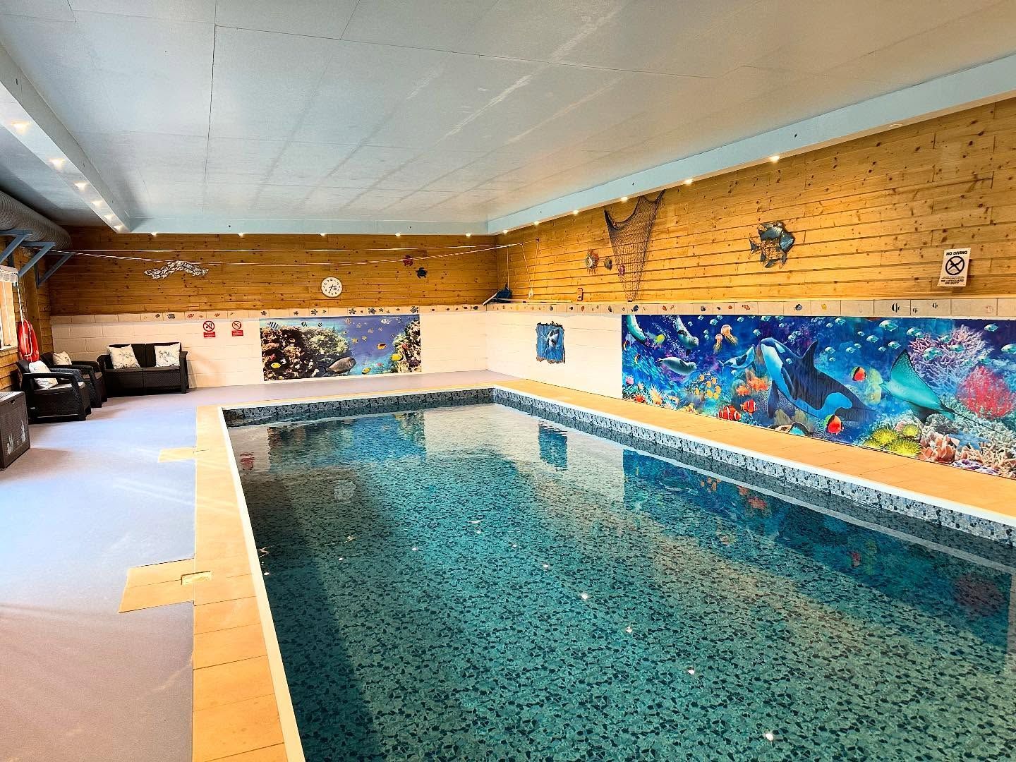 Indoor swimming pool with blue tiled floor, clear water, and colorful undersea-themed mural on the back wooden wall.