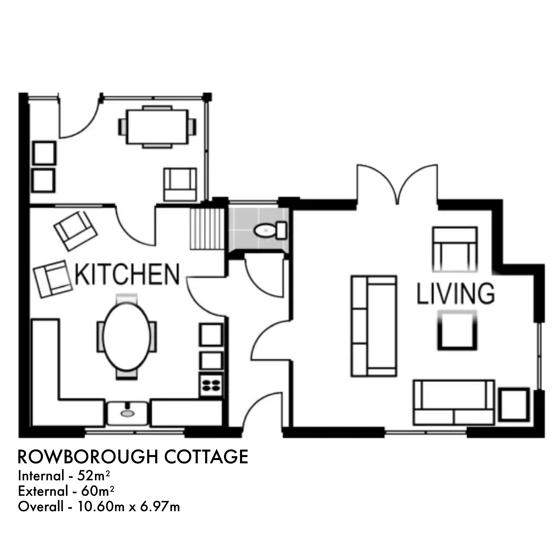 Floor plan of Rowborough Cottage showing a kitchen, living room, and small bathroom with interior and exterior area specs.