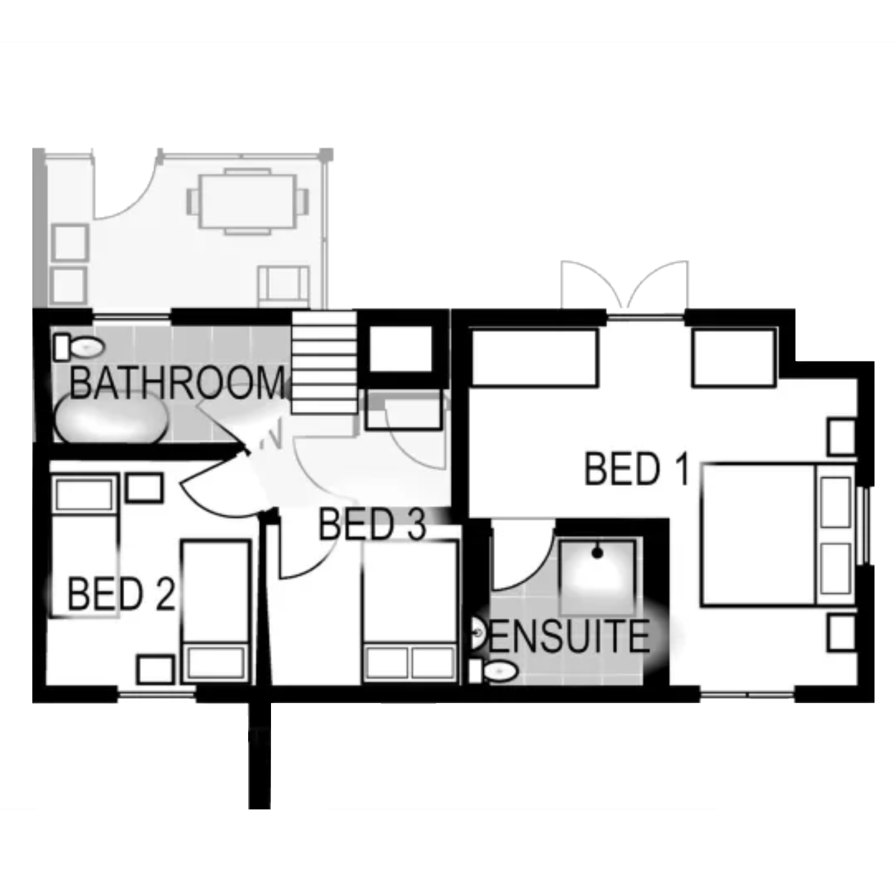 A floor plan showing a residential level with three bedrooms, a main bathroom, and an ensuite attached to Bed 1.