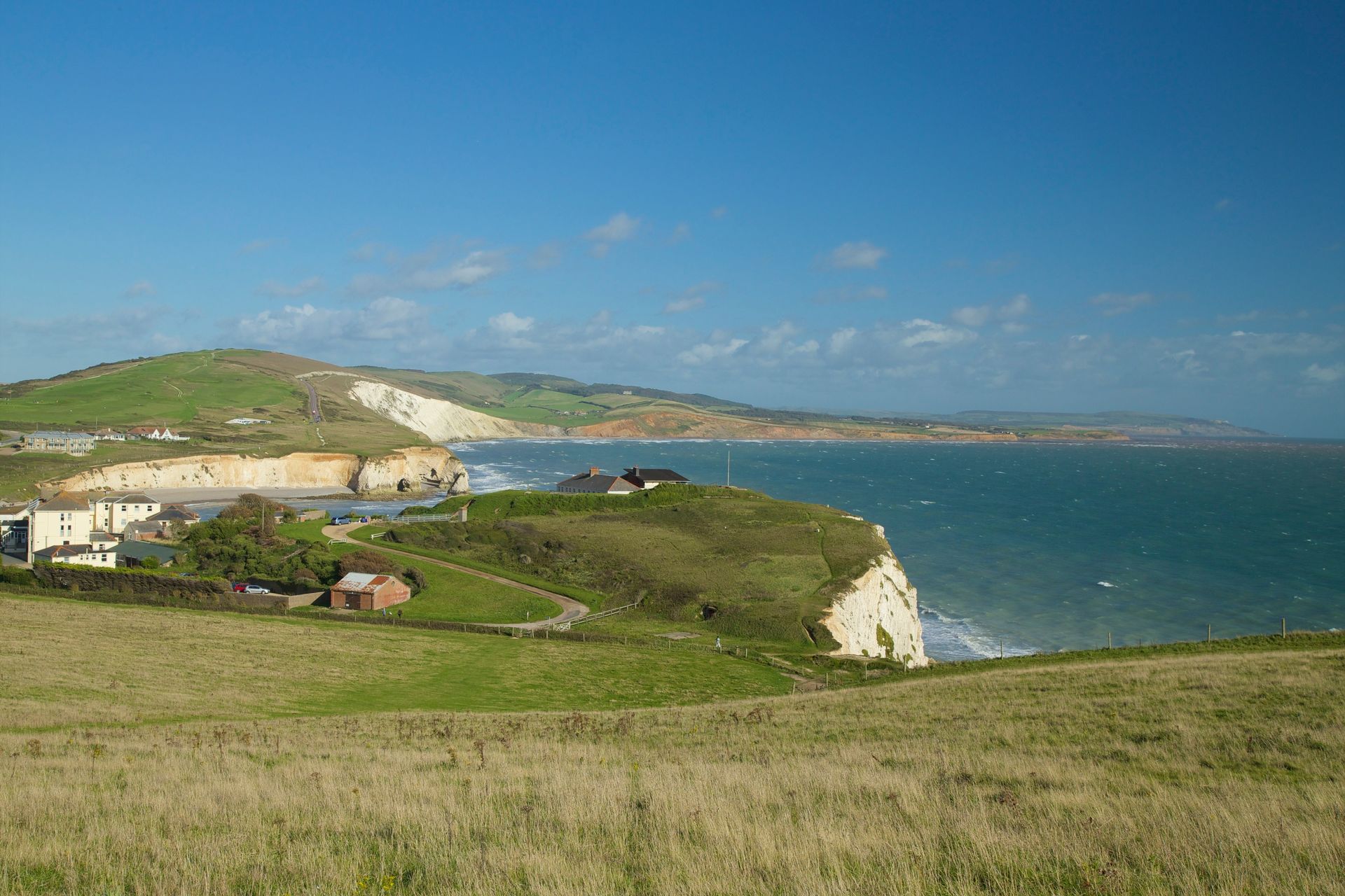A sunny coastal landscape with grassy hills, white chalk cliffs, and the blue sea under a clear sky.