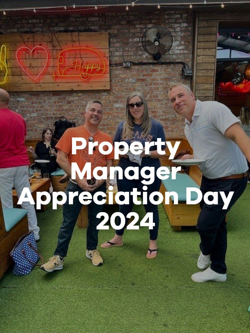 Property Manager Appreciation Day 2024 banner with three people posing outdoors at a venue.
