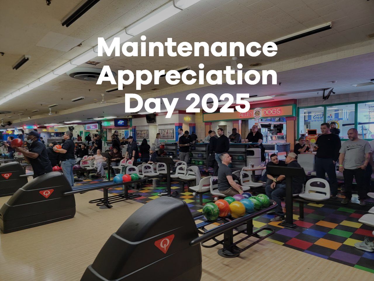 Maintenance Appreciation Day 2025 banner over a busy fitness showroom with exercise equipment and people