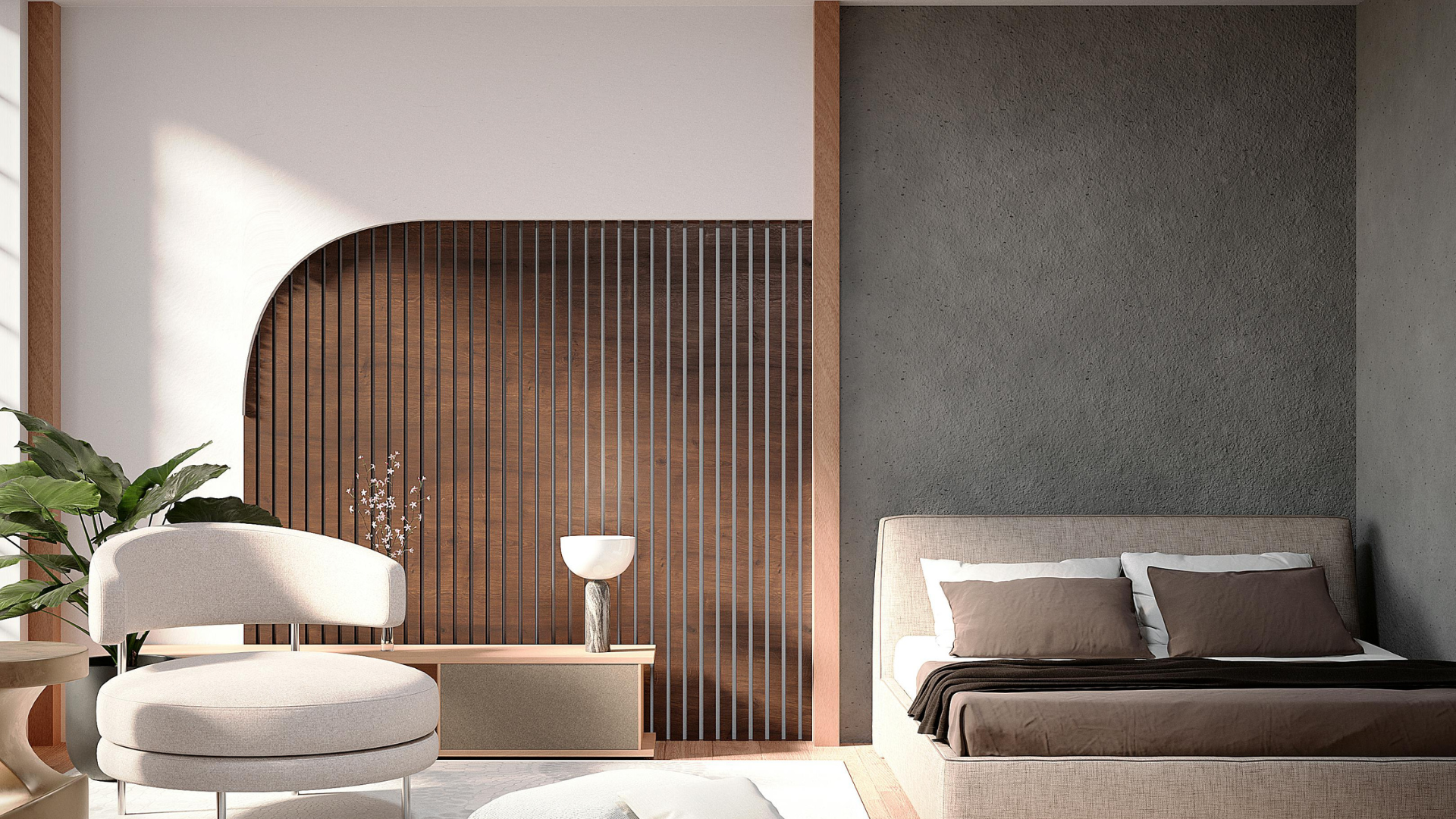 Modern minimalist bedroom with a bed, curved wood accent wall, and soft natural light