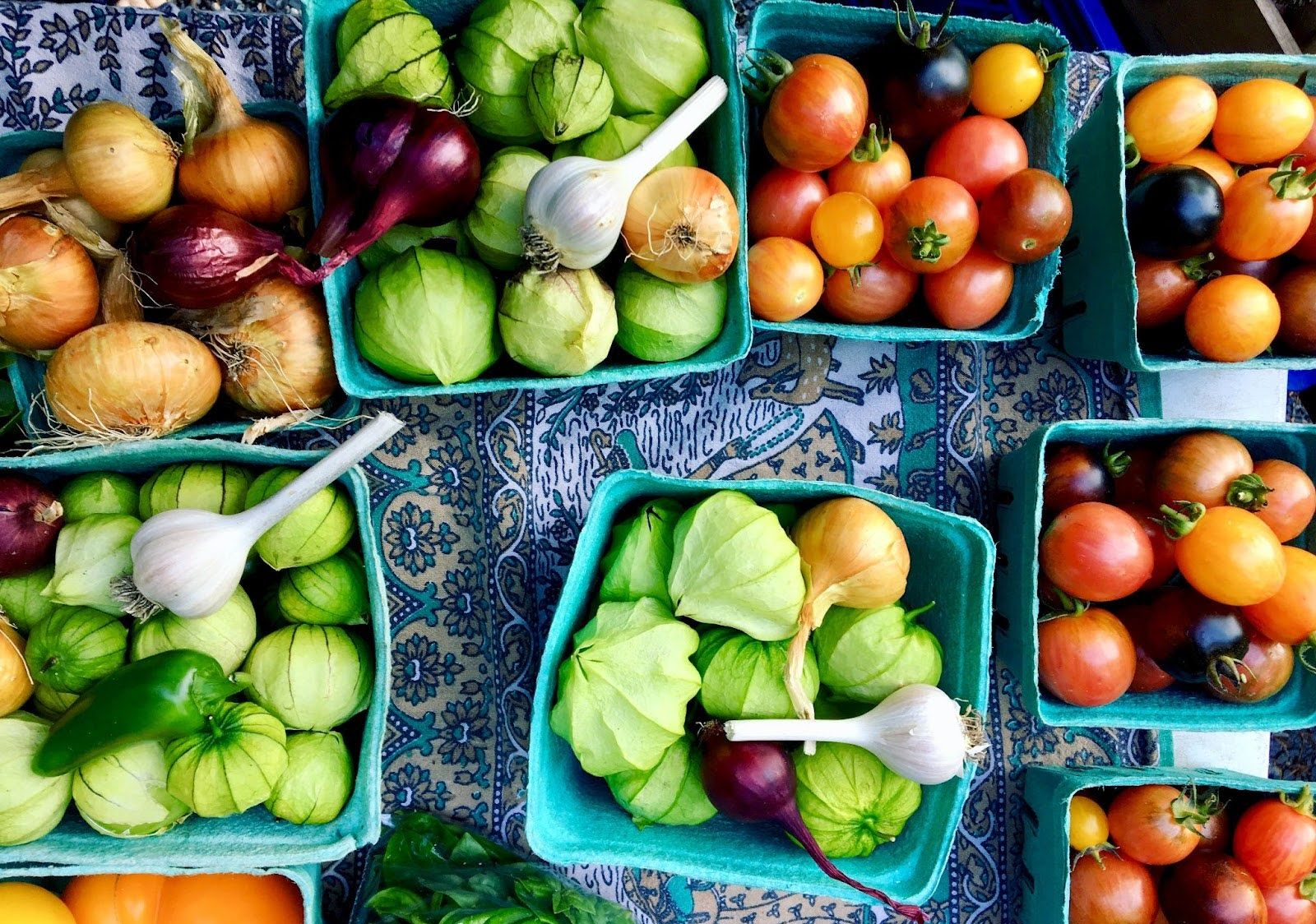 High-angle shot of various fresh produce in light blue berry baskets arranged on a patterned, blue-and-white tablecloth.
