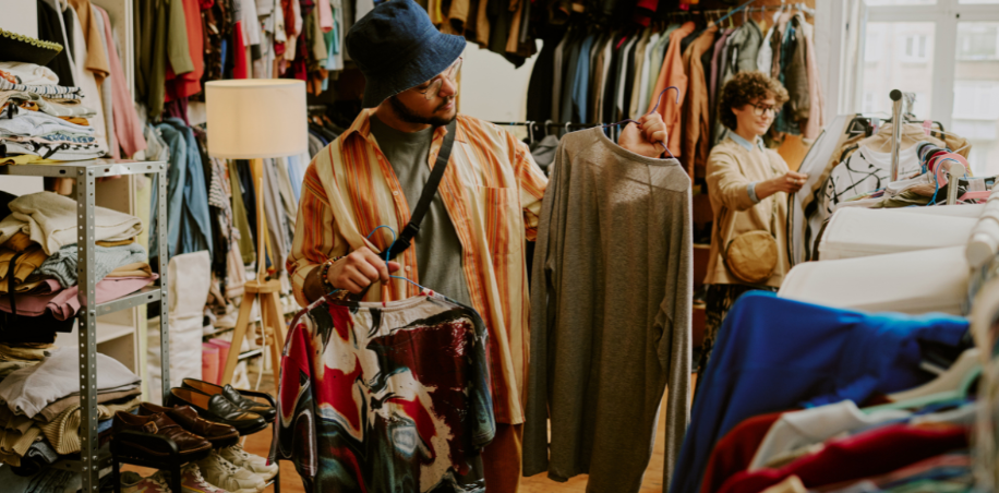 People shopping in a crowded clothing store with racks of colorful garments