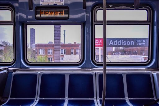 Inside the subway with a view of the city.