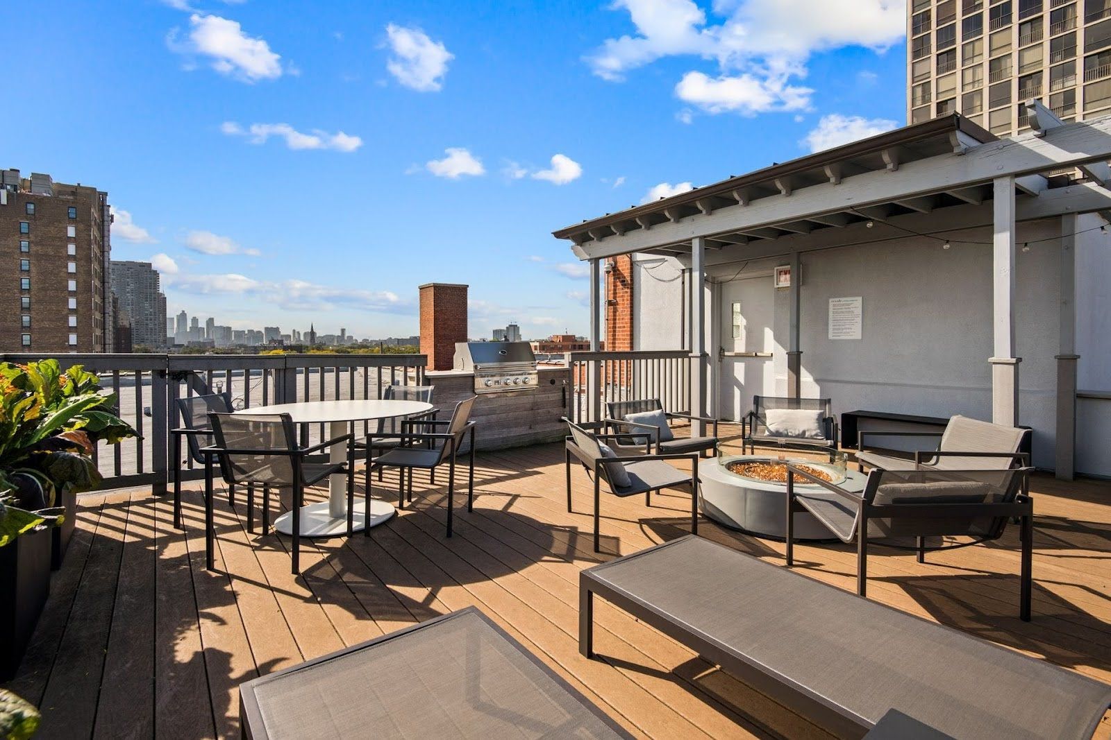 Rooftop deck at Park Fullerton with Chicago city views