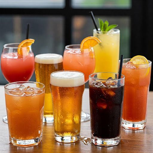 A variety of drinks are sitting on a wooden table.
