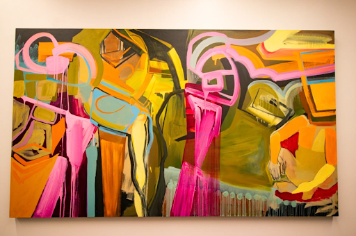 Large abstract painting with bold strokes of vibrant yellow, orange, and magenta, featuring dripped paint and linear forms.