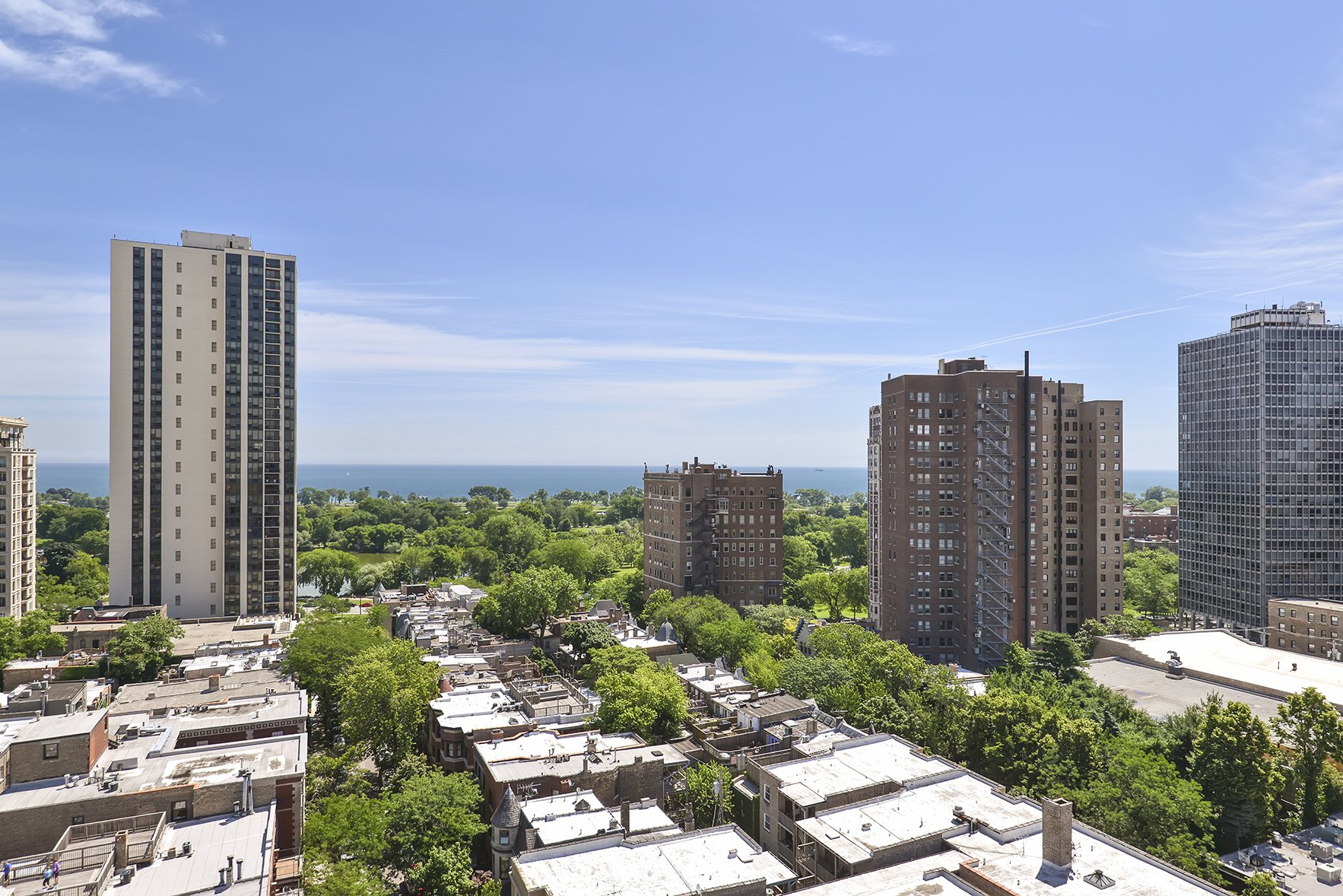 City skyline with tall apartment buildings above green rooftops, with the ocean in the distance.