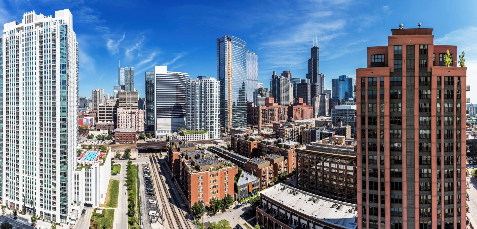 Chicago skyline with modern high-rises under a clear blue sky