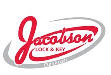 Grey, White and Red Jacobson Lock and Key Logo