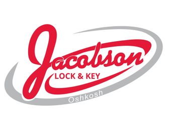 Grey, White and Red Jacobson Lock and Key Logo