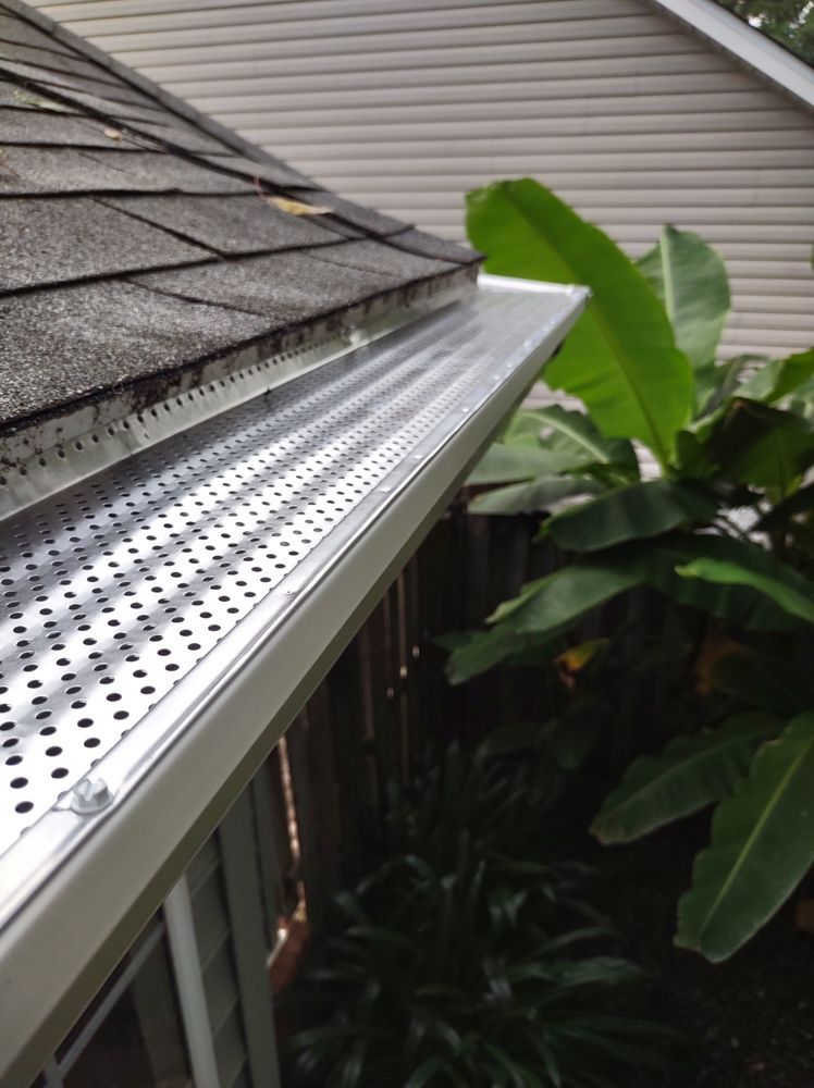A close-up of a gutter with a perforated cover along the edge of a roof, next to green banana plants.