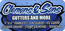Blue sign for Clemens & Sons: gutters and more services.