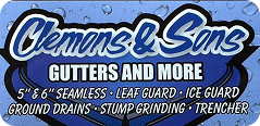 Blue sign for Clemens & Sons: gutters and more services.