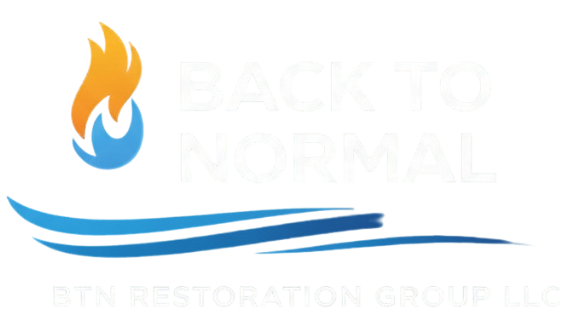 Logo for BTN Restoration Group LLC: Flame and water graphic with text