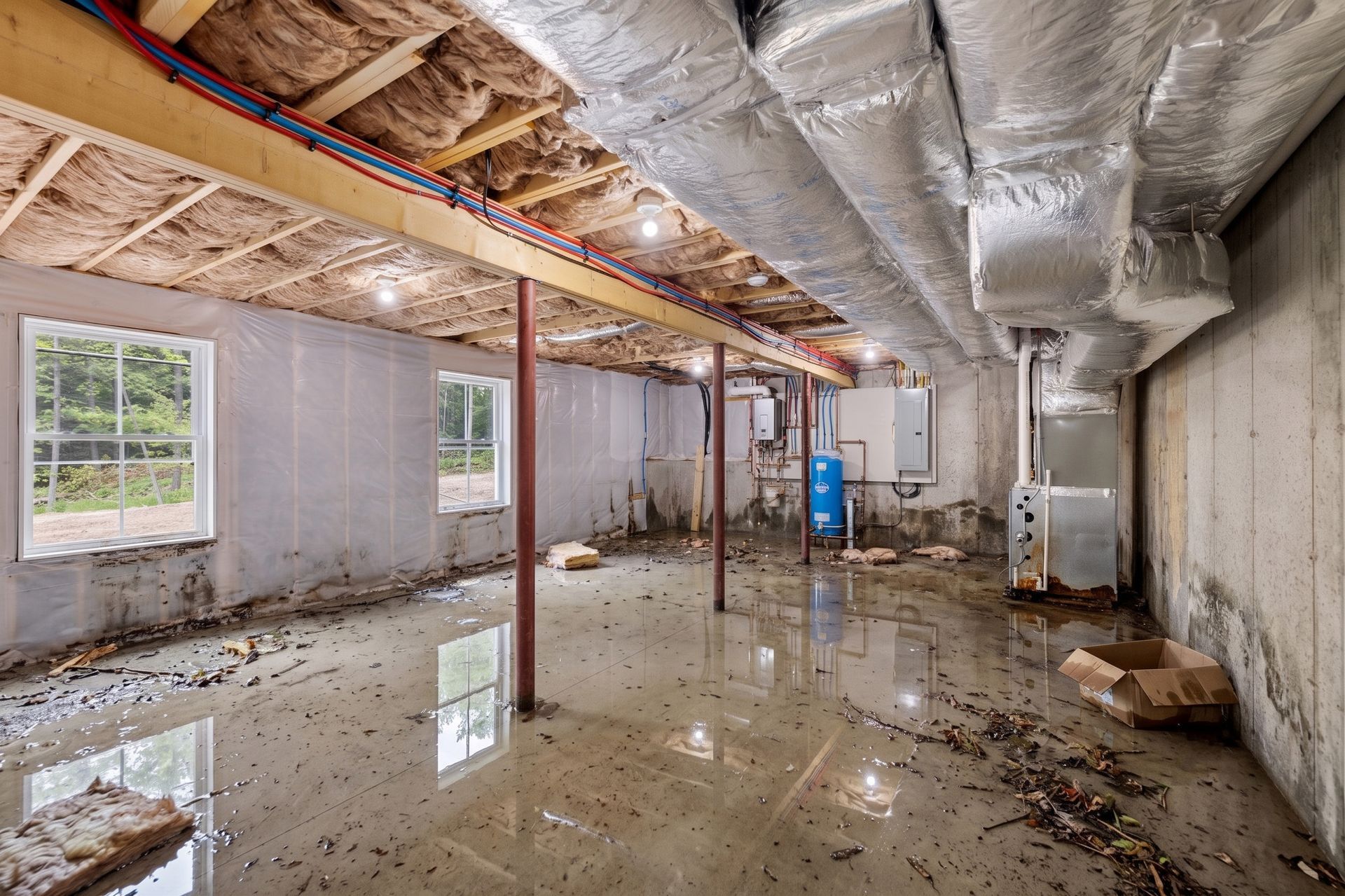 Flooded unfinished basement with exposed ceiling insulation and debris on the floor
