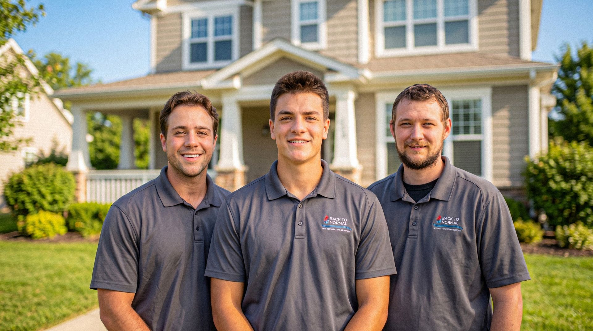 Three men in gray polos standing in front of a house, smiling at the camera.