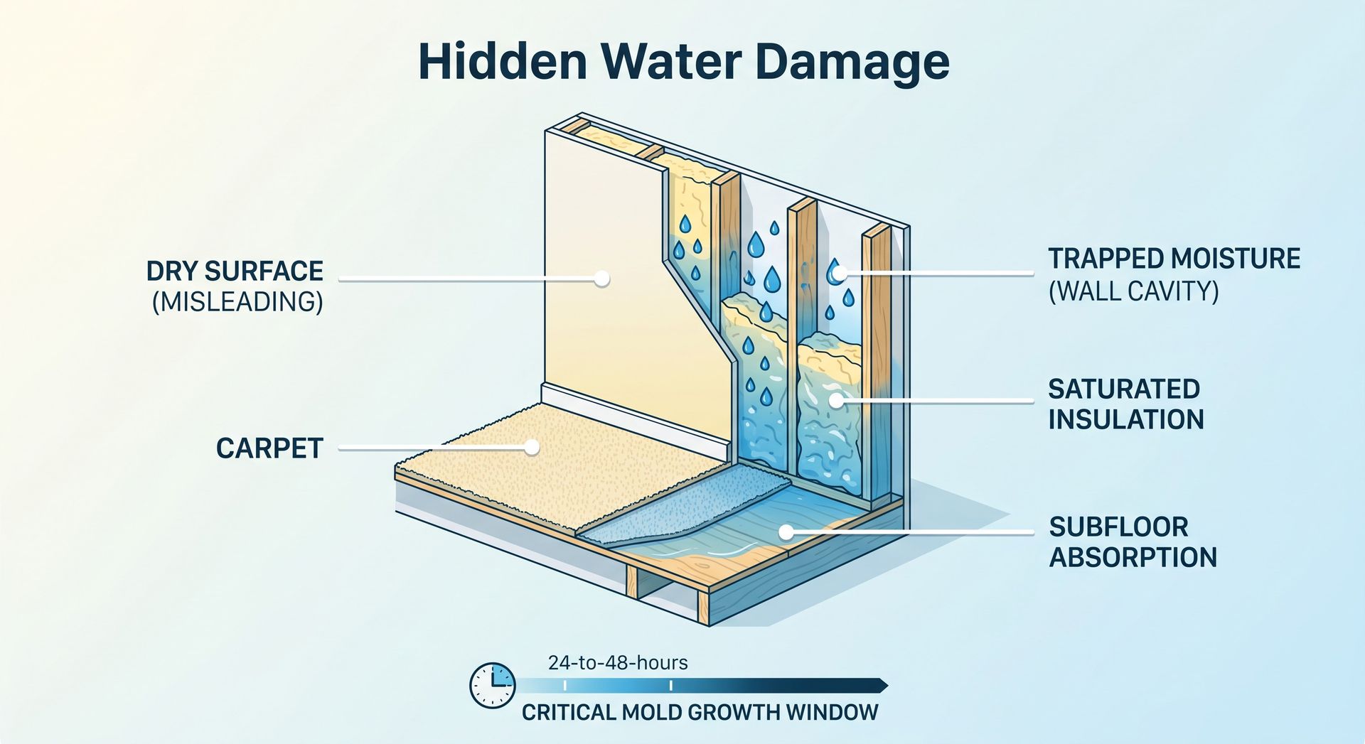 Diagram of hidden water damage showing trapped moisture, soaked insulation, and carpet with blue water stains