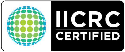 IICRC certified logo with a globe and text on a black background.