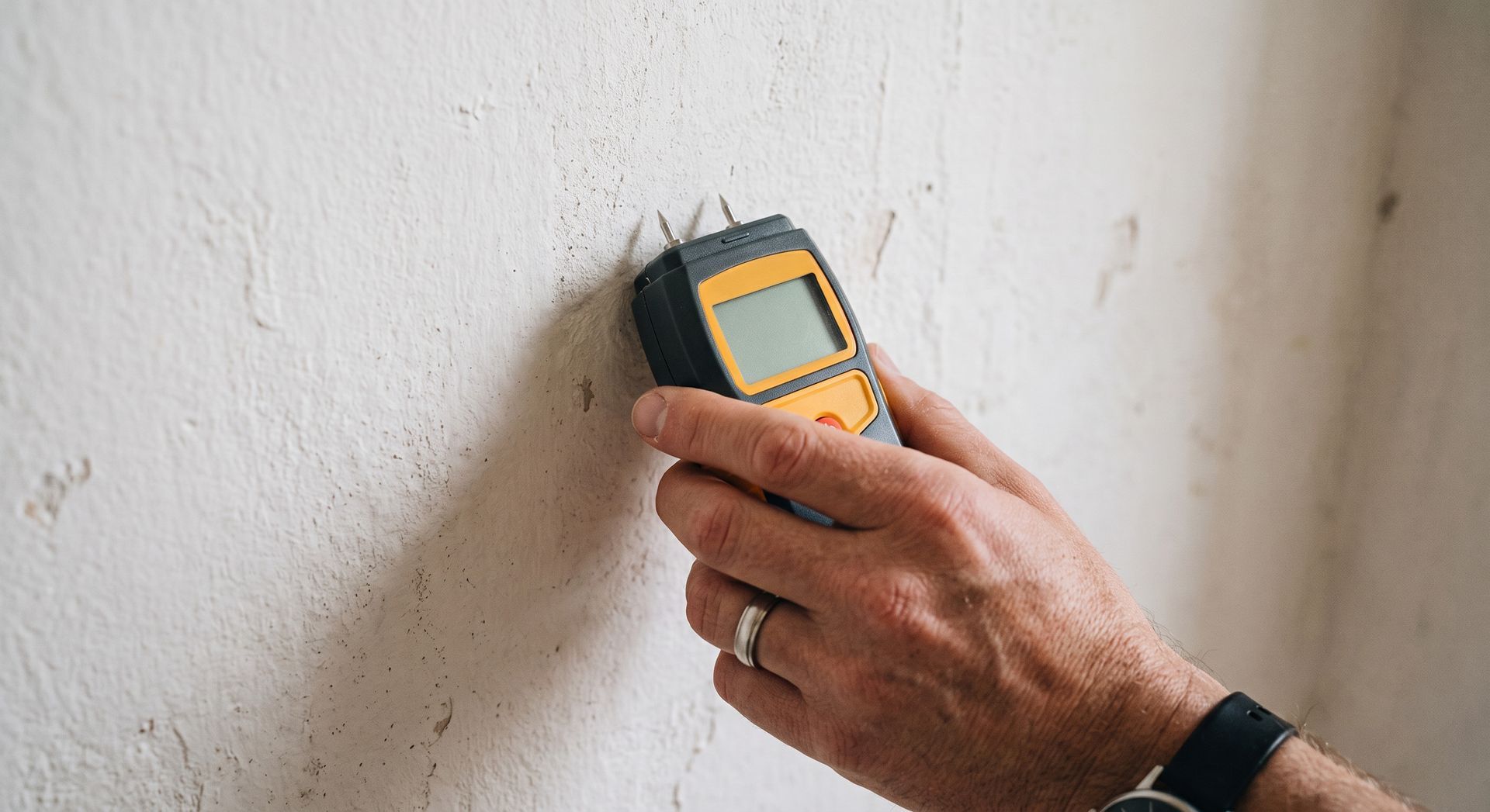Hand holding a digital moisture meter against a white wall