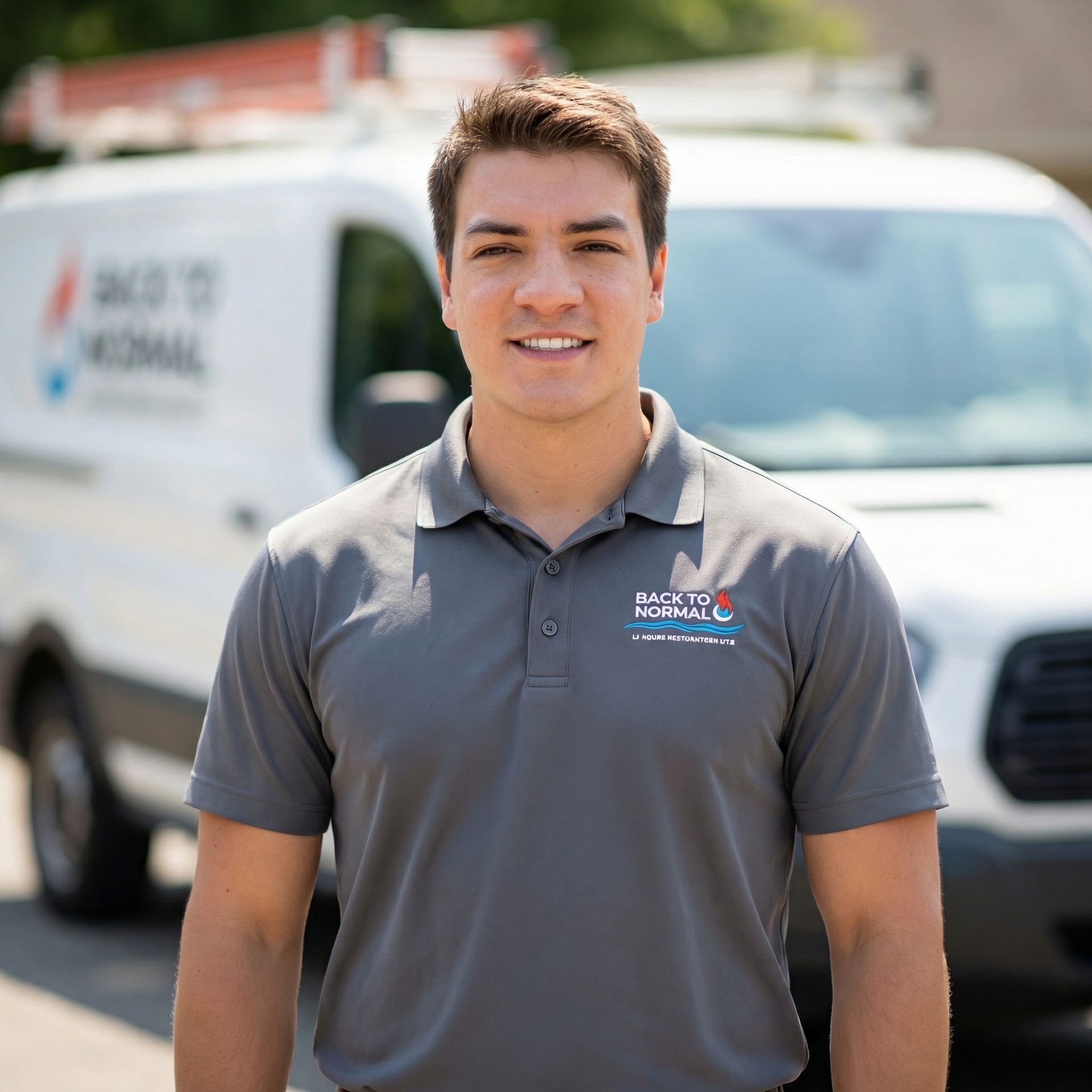 Person in a gray polo shirt stands outdoors in front of a Back to Normal vehicle.