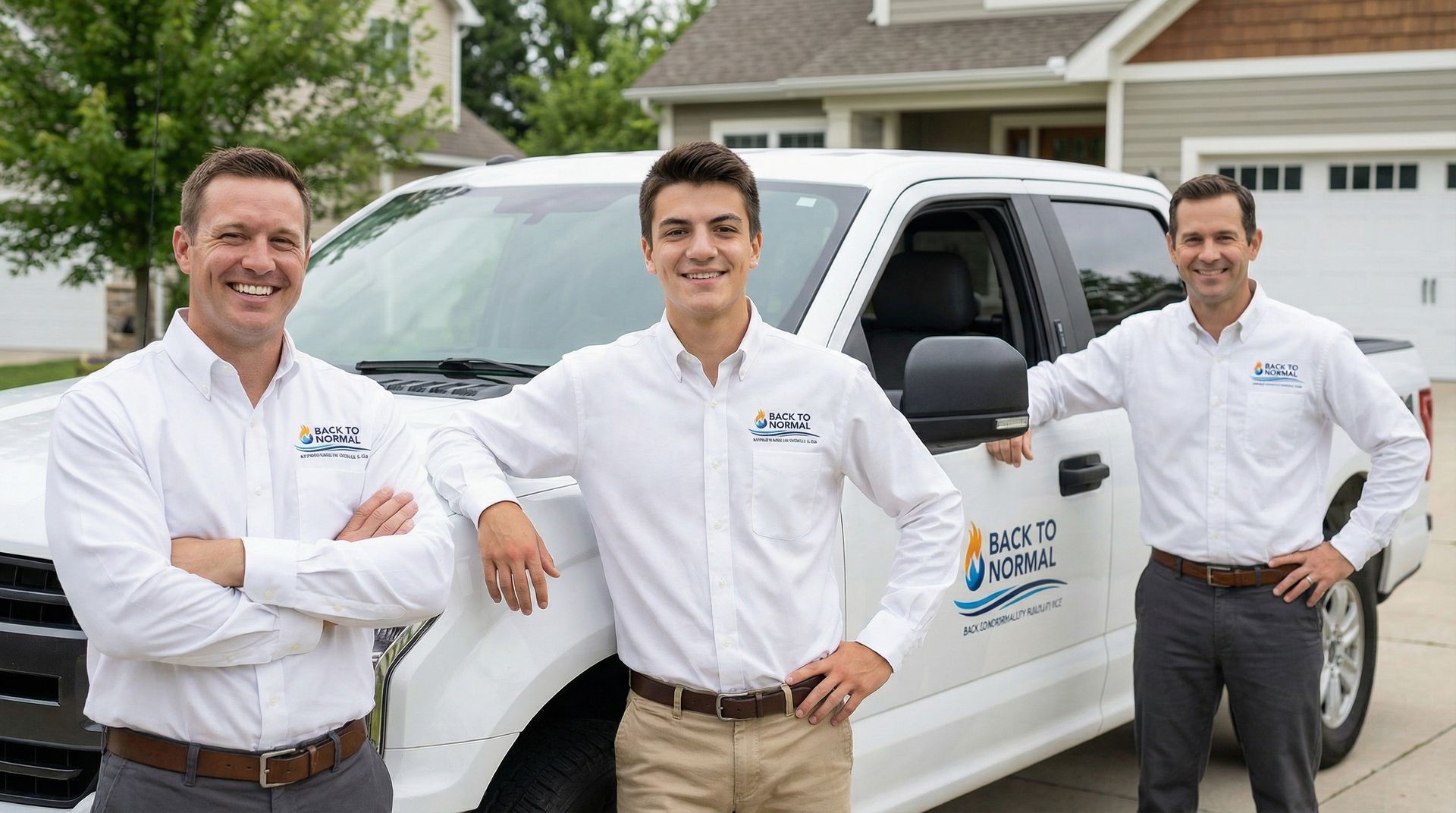 Three uniformed service workers standing beside a white service truck in a suburban driveway.