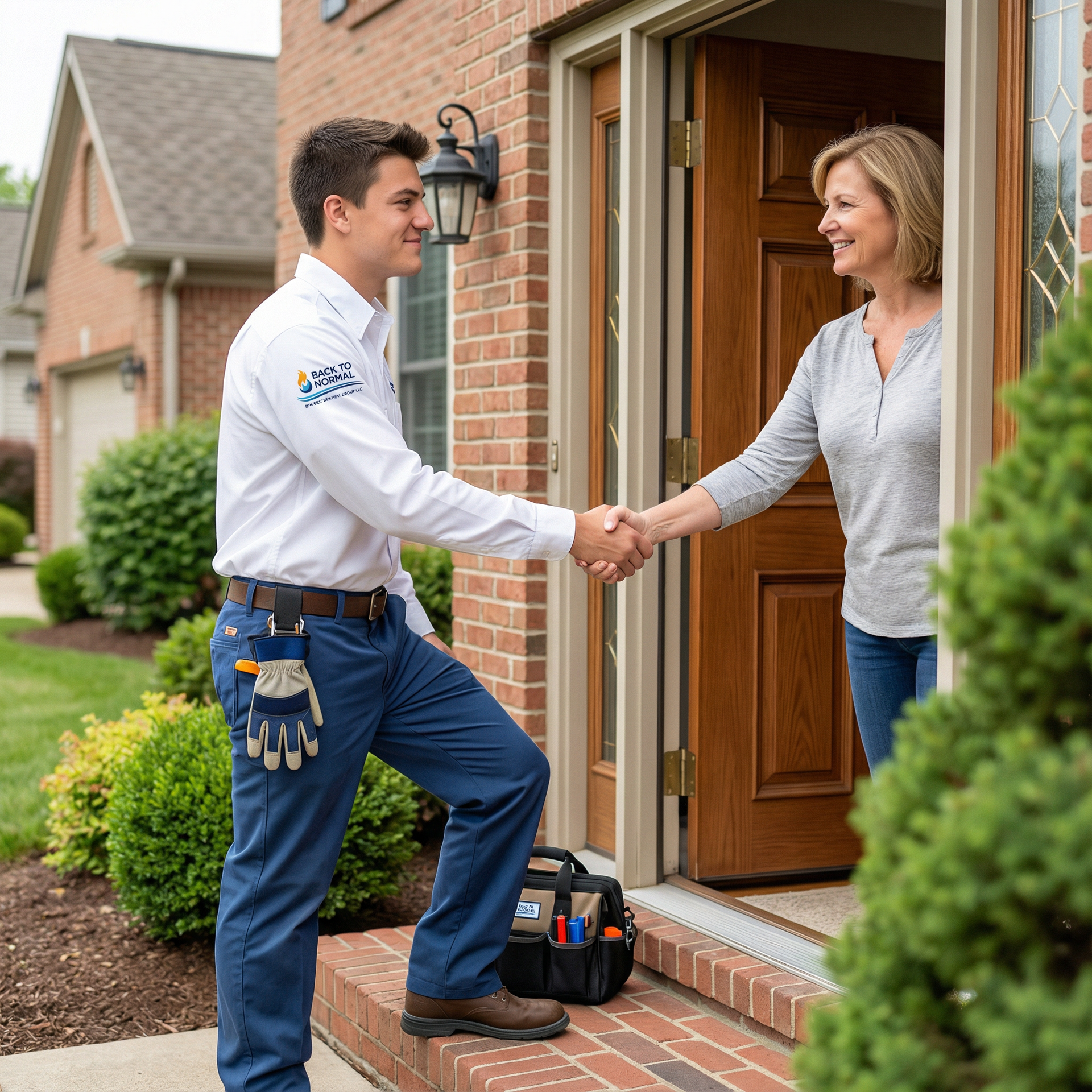 A worker shakes hands with a homeowner at a front door; tool bag sits by the door.