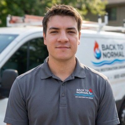 Lance Gavrilovic in a gray polo shirt standing in front of a white van with Back to Normal logo