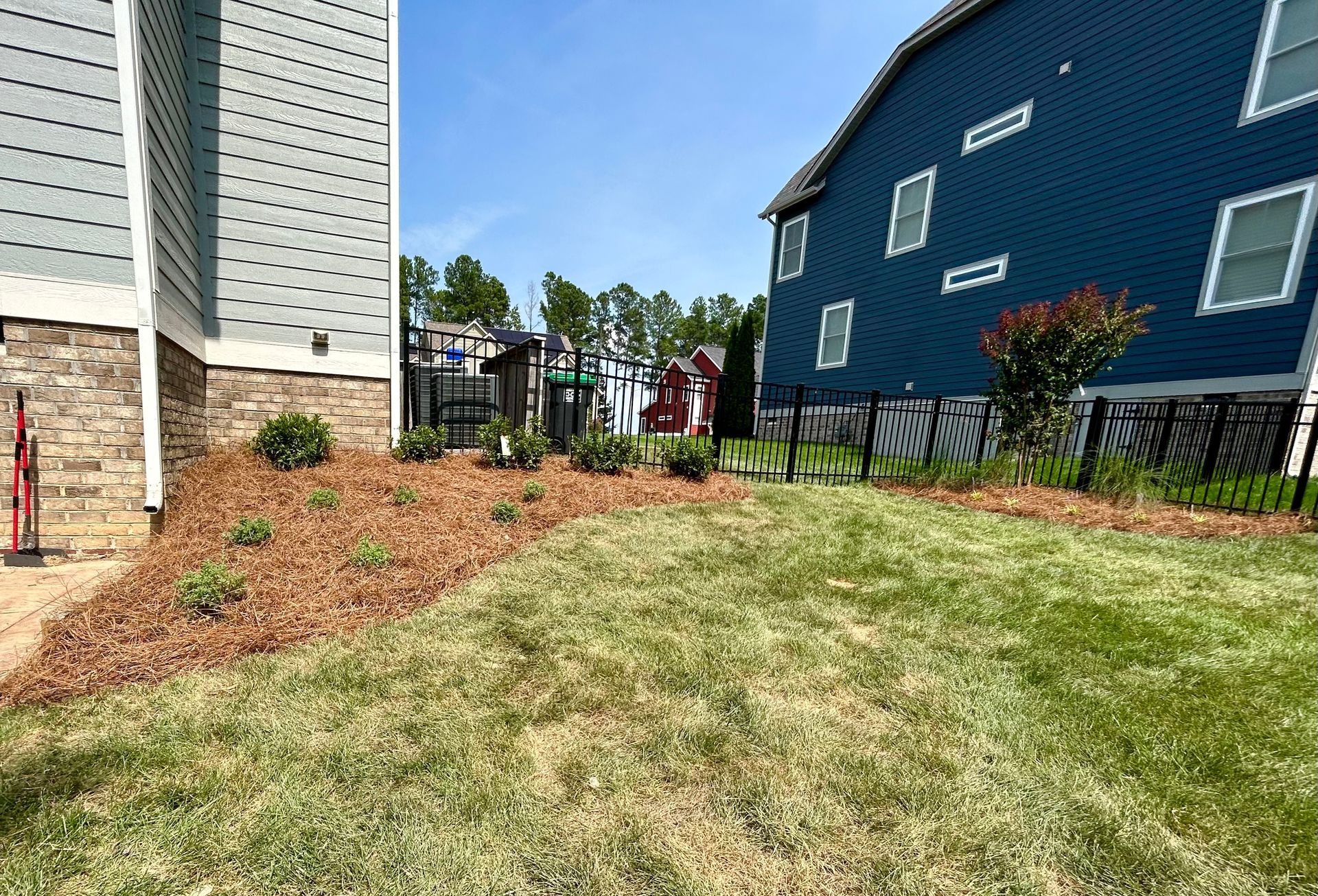 Grassy side yard between houses with mulch beds, black fence, and a small patio area in the distance