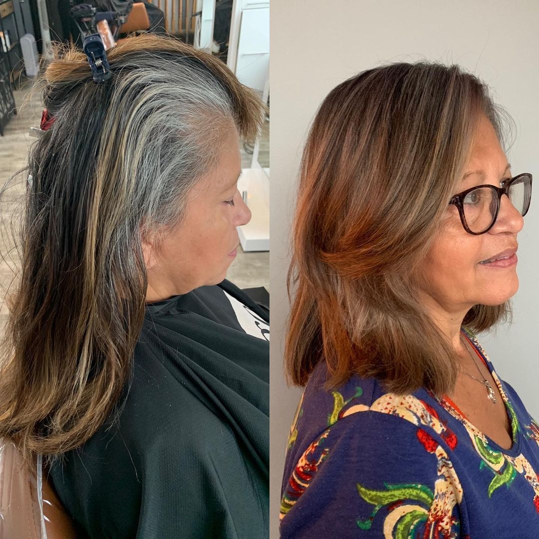 A before and after photo of a woman getting her hair done.