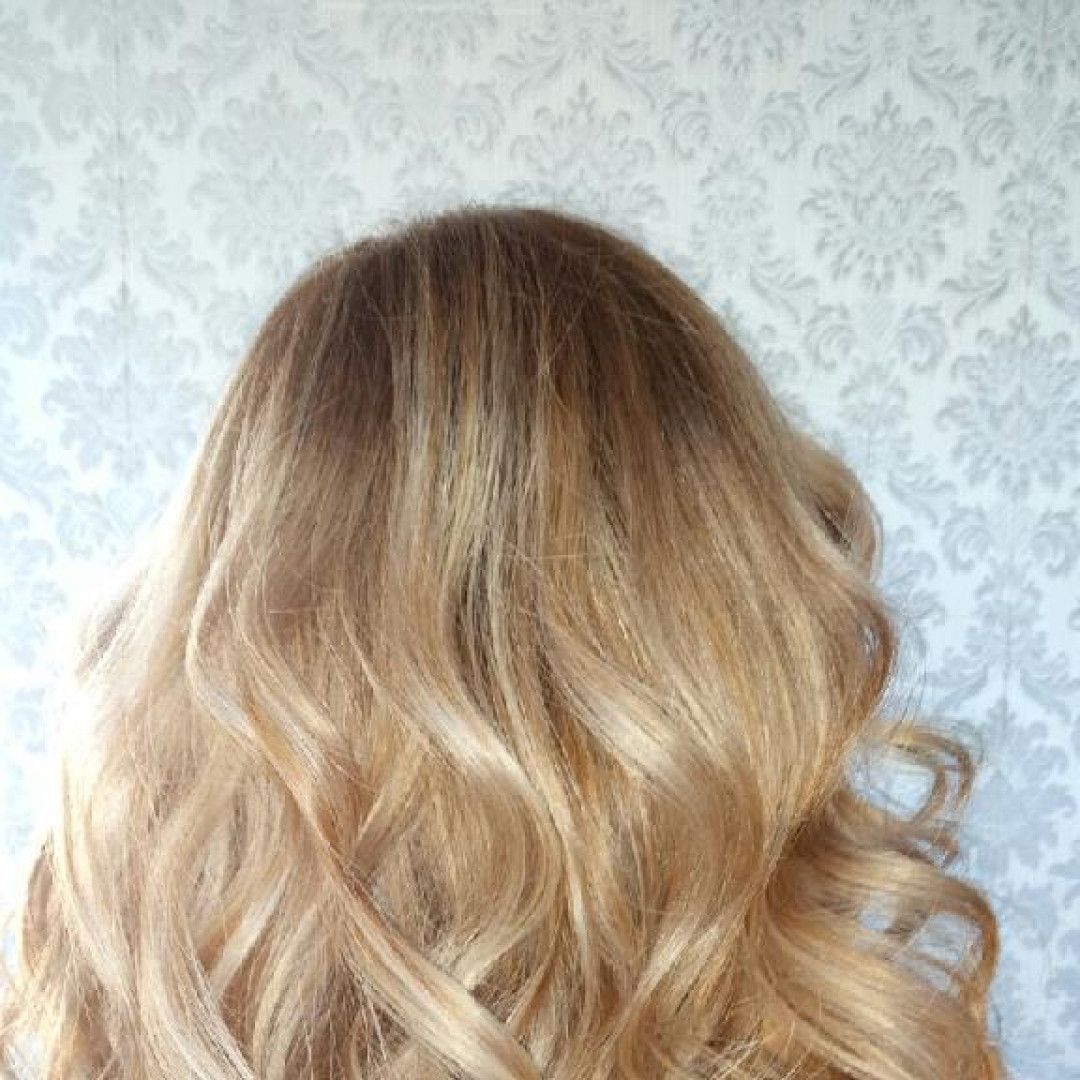 A close up of a woman 's blonde hair against a white wall.