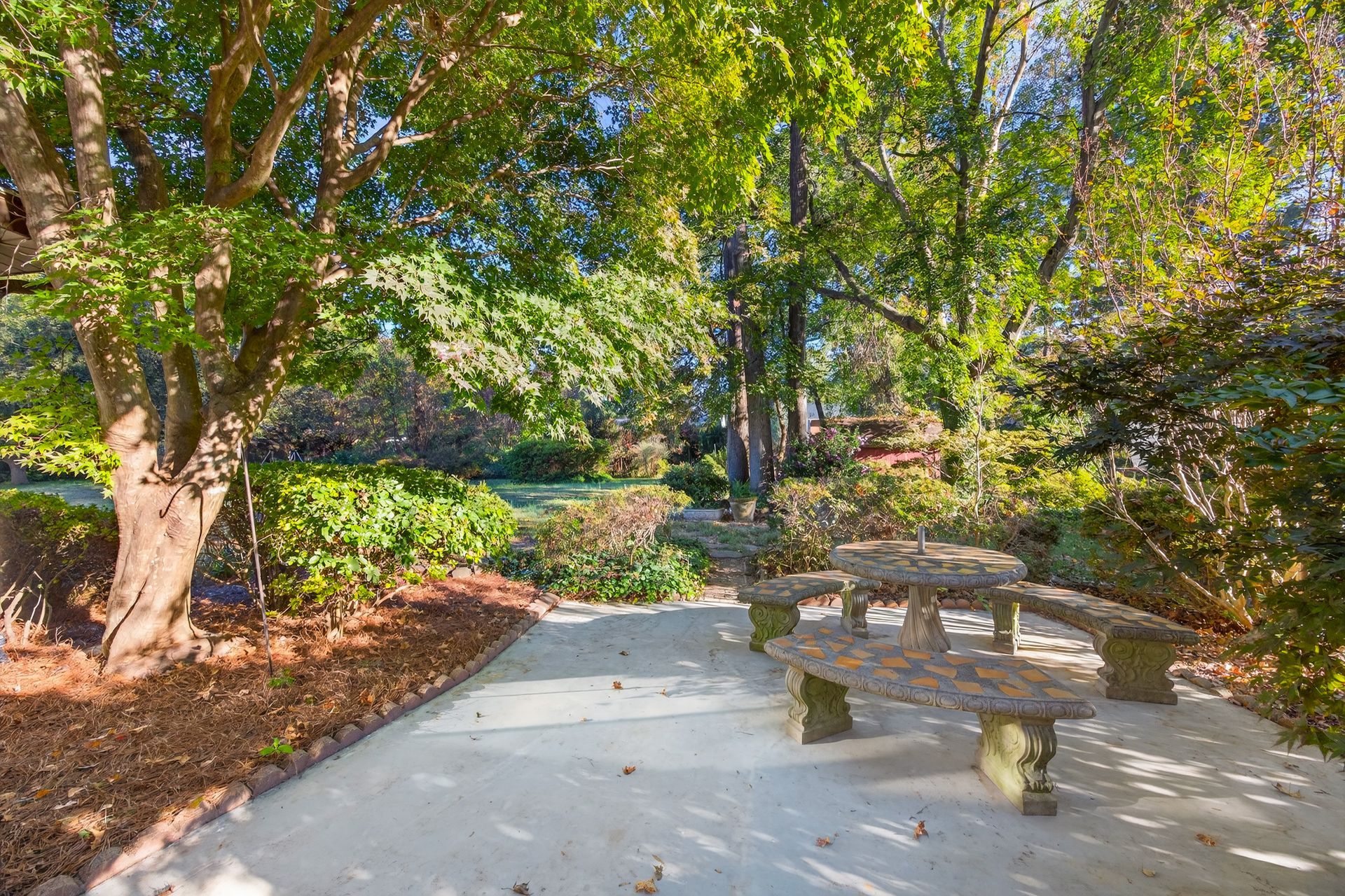 Sunny garden path with trees, shrubs, and a stone bench in a landscaped park